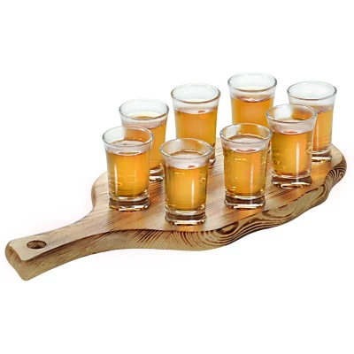 KESPER Podnos na panáky s 8 sklenicemi borovicový 38 x 17 cm