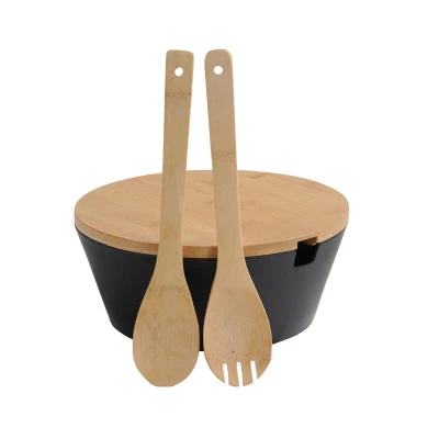 KESPER 92524 Mísa na ovoce a salát s příborem a bambusovým víkem, Ø 26 cm, černá
