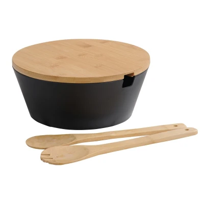 KESPER 92524 Mísa na ovoce a salát s příborem a bambusovým víkem, Ø 26 cm, černá