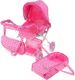 Kočárek pro panenku miminko růžový hluboký s taškou 3v1 puntíky