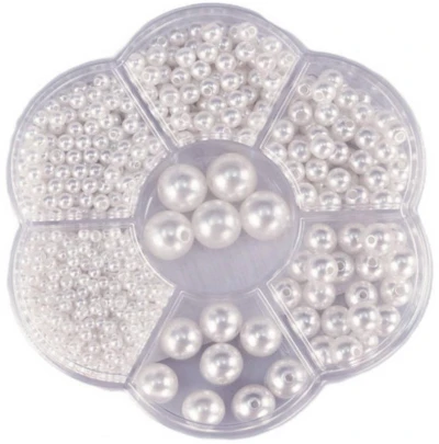 Korálky navlékací metalické bílé set 1150ks 3-12mm v plastovém boxu