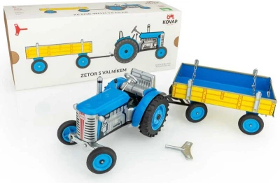 Kovap Traktor Zetor retro model 1:25 plechový Modrý na klíček Kov 0395