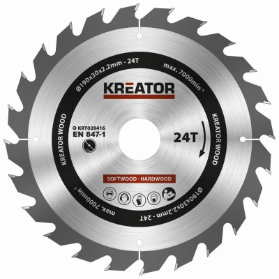 Kreator Pilový kotouč KRT020416 na dřevo 190mm, 24T Kreator Pilový kotouč KRT020416 na dřevo 190mm, 24T