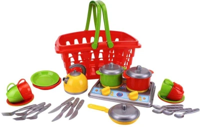 Kuchyňský set dětské nádobí s vařičem v nákupním košíku plast