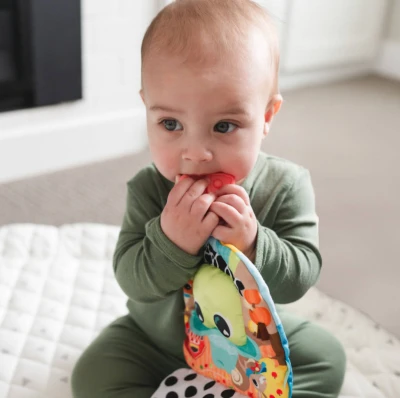 Lamaze Baby knížka textilní žabička Finlee s kousátkem pro miminko