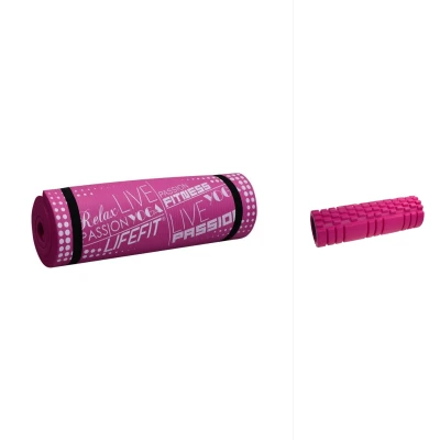 Lifefit yoga roller A11 45x14cm + Lifefit yoga mat exclusive plus 180x60x1.5cm růžová barva