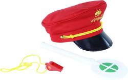 Malý výpravčí set červená čepice s píšťalkou a plácačkou na kartě Malý výpravčí set červená čepice s píšťalkou a plácačkou na kartě