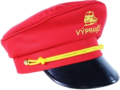 Malý výpravčí set červená čepice s píšťalkou a plácačkou na kartě