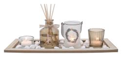 Mat Svícen/diffuser 36x14cmx1cm 5 dílů+dekorace, dřevo/sklo