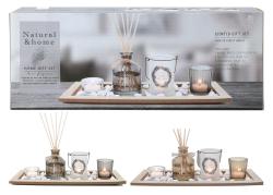 Mat Svícen/diffuser 36x14cmx1cm 5 dílů+dekorace, dřevo/sklo