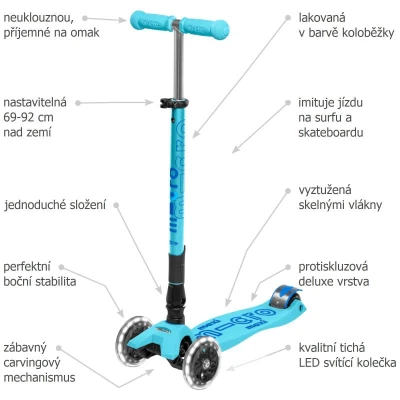 Maxi Micro Deluxe - bright blue LED skládací koloběžka