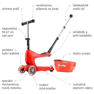 Micro Mini2go Deluxe Plus - červená (red) + reflexní sada