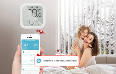 Moes ZSS-KB-TH-LF-C bílý senzor teploty a vlhkosti se ZigBee a LCD displejem