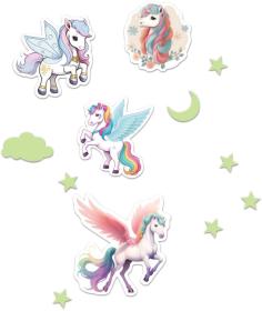 Nálepky Jednorožci + noční obloha nástěnná dekorace ve tmě svítící 2 druhy