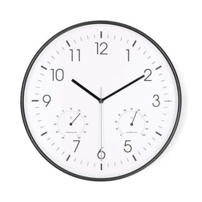 Nedis CLWA4226BK - Nástěnné hodiny | Průměr: 300 mm | Plast | Tichý pohyb | Teploměr | Vlhkoměr | Bílá / Černá Nedis CLWA4226BK - Nástěnné hodiny | Průměr: 300 mm | Plast | Tichý pohyb | Teploměr | Vlhkoměr | Bílá / Černá