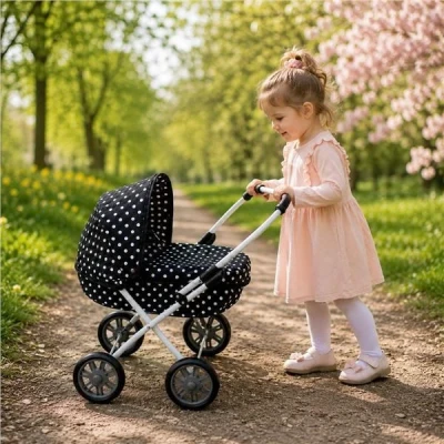 NEW BABY Dětský kočárek pro panenky 2v1 Monika červený POUZE Flowers - Růžová (VÝPRODEJ)