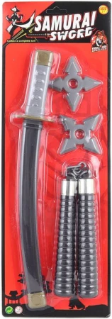 Ninja bojovník dětské zbraně akční set samurajský meč + 2 hvězdice s nunčaky Ninja bojovník dětské zbraně akční set samurajský meč + 2 hvězdice s nunčaky