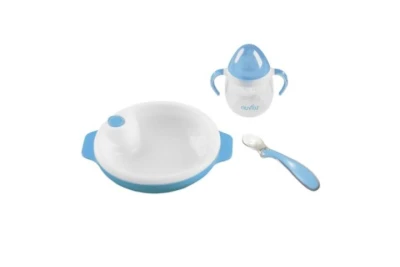 Nuvita Set termotalířku se silikonovou lžičkou a hrnečkem Pastel blue