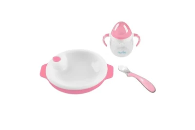 Nuvita Set termotalířku se silikonovou lžičkou a hrnečkem Pastel pink