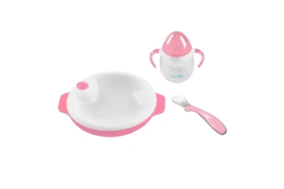 Nuvita Set termotalířku se silikonovou lžičkou a hrnečkem Pastel pink
