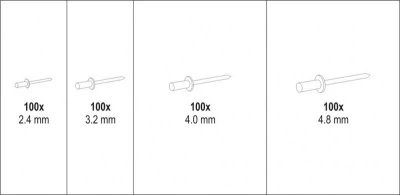 Yato Nýt hliníkový sada 400ks (2,4, 3,2, 4,0, 4,8mm)