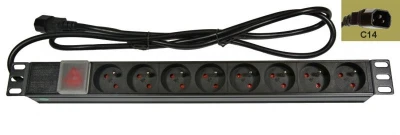 Rozvodný panel 8x230V-IEC320 C14, ČSN,vypínač s kontrolkou, rack 19' 1U, kabel 1,8m