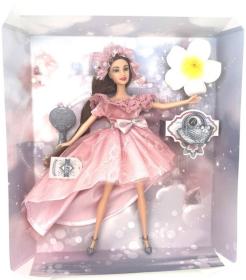 Panenka Anbibi růžové šaty dlouhé tmavé vlasy set s doplňky