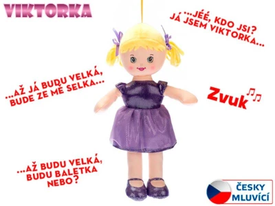 Panenka Viktorka soft textilní fialová hadrová látková na baterie CZ Světlo Zvuk