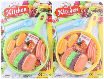 Pánev plastová set s příbory dětské nádobí + makety potravin 2 barvy Pánev plastová set s příbory dětské nádobí + makety potravin 2 barvy