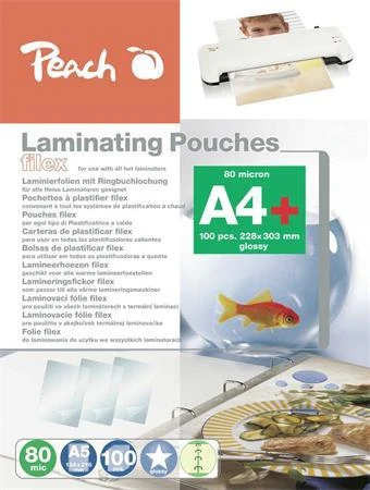 Peach Laminovací folie A4 (228x303mm), 80mic, lesklé, eurozávěs, 100ks Peach Laminovací folie A4 (228x303mm), 80mic, lesklé, eurozávěs, 100ks