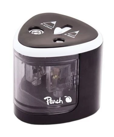 Peach PO102 - elektrické ořezávátko na tužky, 4xAA, dětský zámek, černé Peach PO102 - elektrické ořezávátko na tužky, 4xAA, dětský zámek, černé