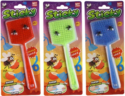 Plácačka na mouchy lepící set se 2 mouchami dětská žertovinka 4 barvy