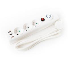 PLATINET FIESTA prodlužovací lišta 3x zásuvka, 3x USB (vč. USB-C), 10 A, 1,5m, typ E, bílá