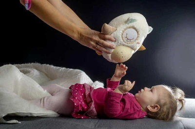 PLYŠ Baby sovička usínáček 25cm projektor na baterie Světlo Zvuk pro miminko