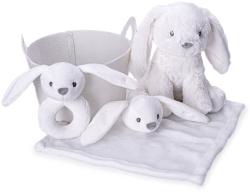 PLYŠ Zajíček bílý set s chrastítkem a usínáčkem v košíku pro miminko
