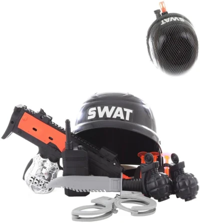 Policajný detský set samopal s helmou a doplnkami zásahová jednotka SWAT Policajný detský set samopal s helmou a doplnkami zásahová jednotka SWAT