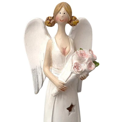 Prodex Anděl svítící s květinou krémový 18 cm polystone