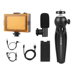 Puluz Sada pro živé vysílání držák na stativ + LED lampa + mikrofon + svorka na telefon