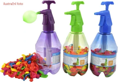 Pumpa plnič na vodní balonky set tlakovací láhev + vodní bomby neonové 250ks 3 barvy