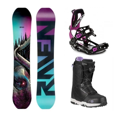 Raven Dahlia Carbon Mint/Pink dámský snowboard + Raven FT360 black/fuchsia vázání + Gravity Aura Atop black obuv