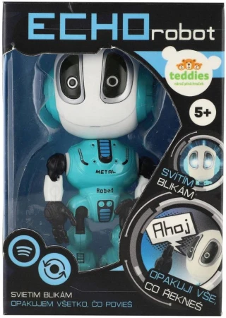 Robot Echo modrý kovový opakujúci vety na batérie Svetlo Zvuk
