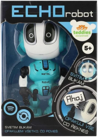 Robot Echo modrý kovový opakujúci vety na batérie Svetlo Zvuk