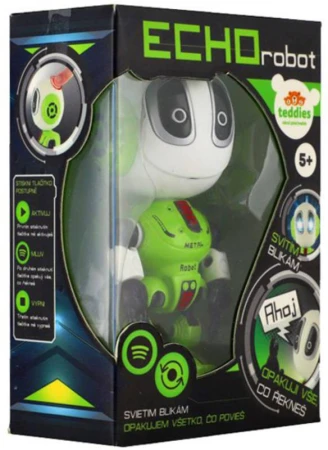 Robot Echo zelený kovový opakujúci vety na batérie Svetlo Zvuk