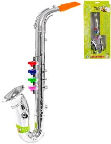 Saxofon dětský stříbrný 4 klapky plast (hudební nástroje)