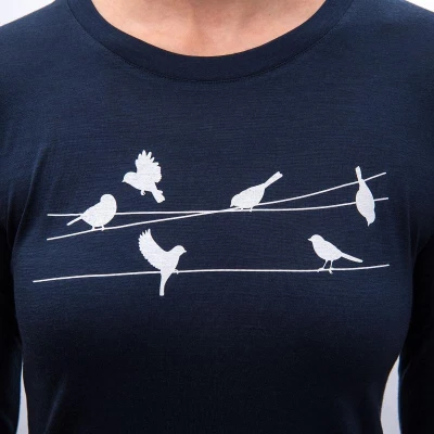 SENSOR Merino Active Songbirds dámske tričko dl.rukáv Deep Blue
