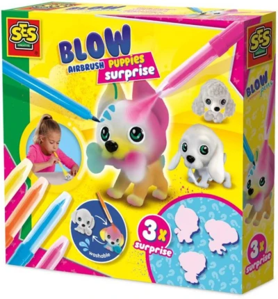 SES Creative Foukací fixy set 4 barvy + 3 štěňátka s překvapením SES Creative Foukací fixy set 4 barvy + 3 štěňátka s překvapením