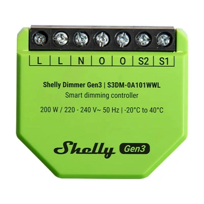 Shelly Dimmer Gen3 zelený WiFi chytrý stmívač osvětlení