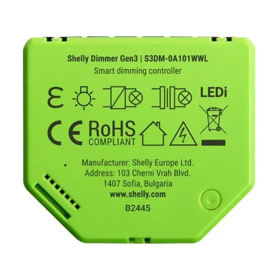 Shelly Dimmer Gen3 zelený WiFi chytrý stmívač osvětlení