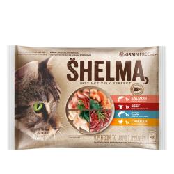 SHELMA Cat kuře, hovězí, losos a treska, kapsa 85 g (4 pack) (bal. 15 ks)