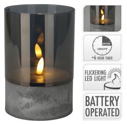 Svíčka Led pr.10x15cm PH/ sklo, blikající plamen, časovač, ŠE/KOUŘ.SKLO